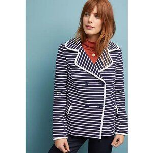 Anthropologie Stephanie Peacoat Striped Knit Jacket Size M Double Breasted Blue